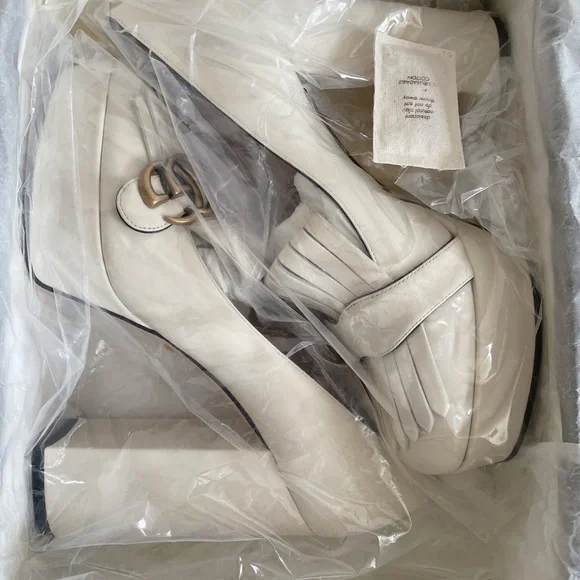 Gucci White Platform Fringe Loafer Pumps with Gold Double G - Picture 7 of 9